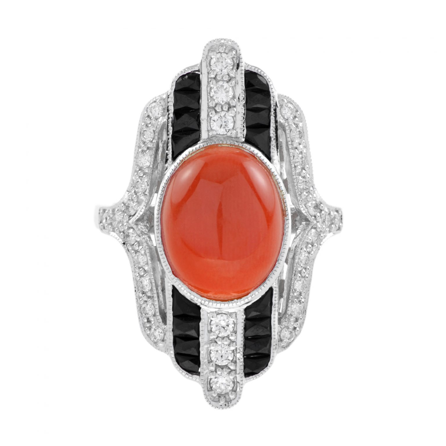 Art Deco Style Cabochon Coral with Diamond and Onyx Cocktail Ring