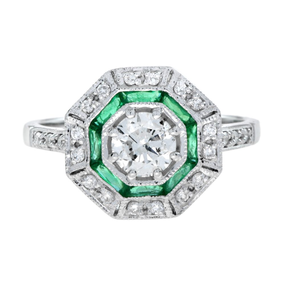 Diamond and Emerald Octagonal Shape Art Deco Style Ring