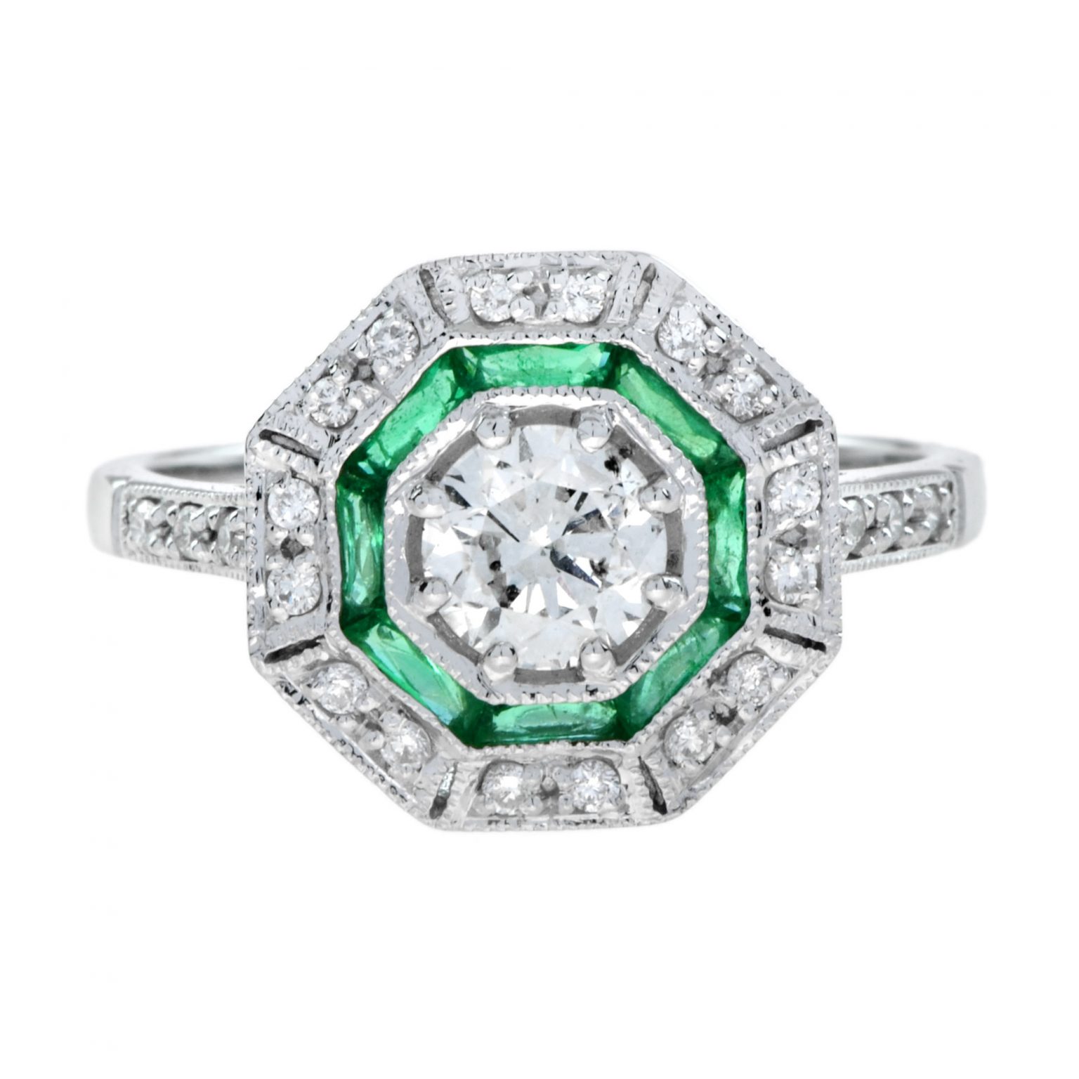 Diamond and Emerald Octagonal Shape Art Deco Style Ring