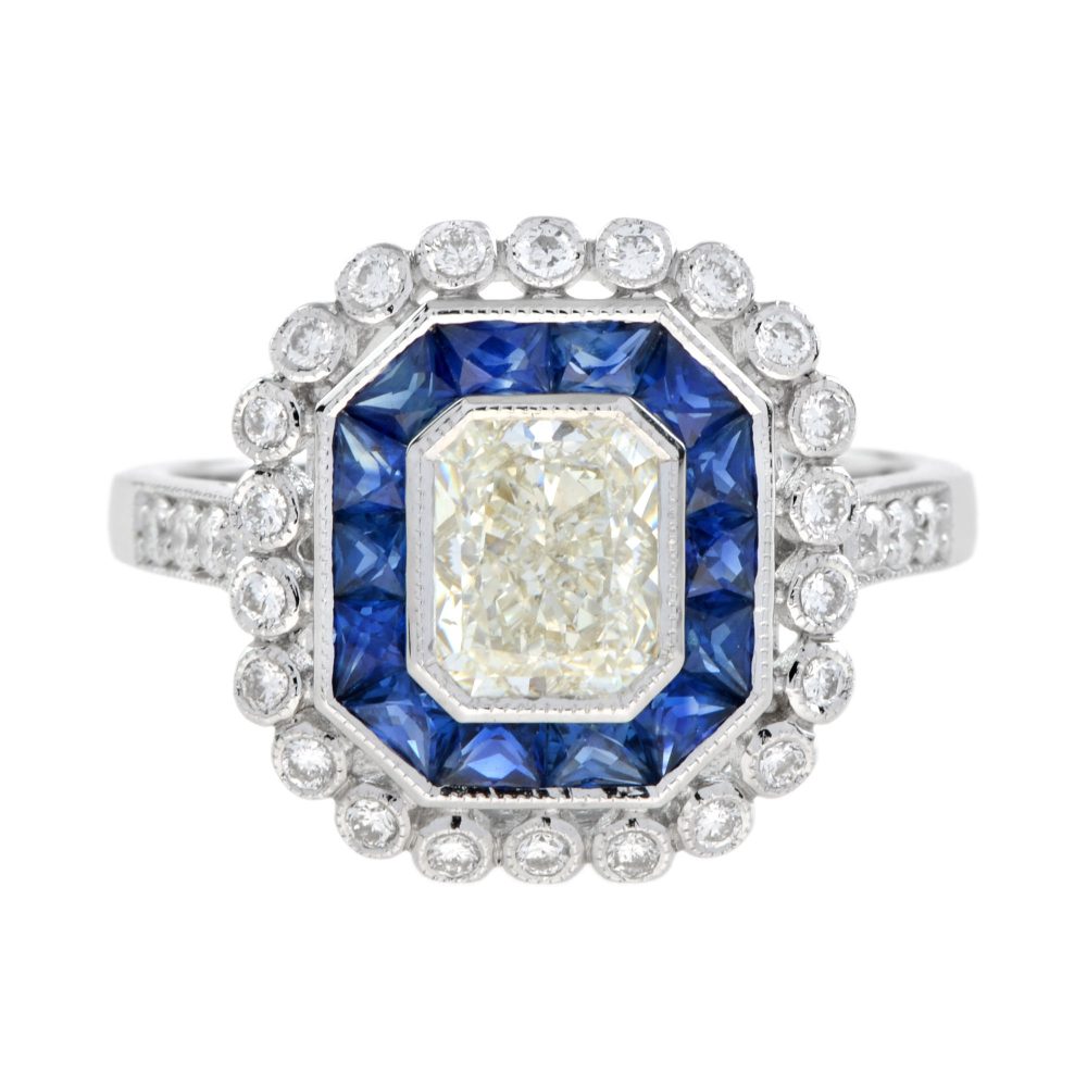 GIA Art Deco Style 1.04 ct. Diamond and Sapphire Engagement Ring