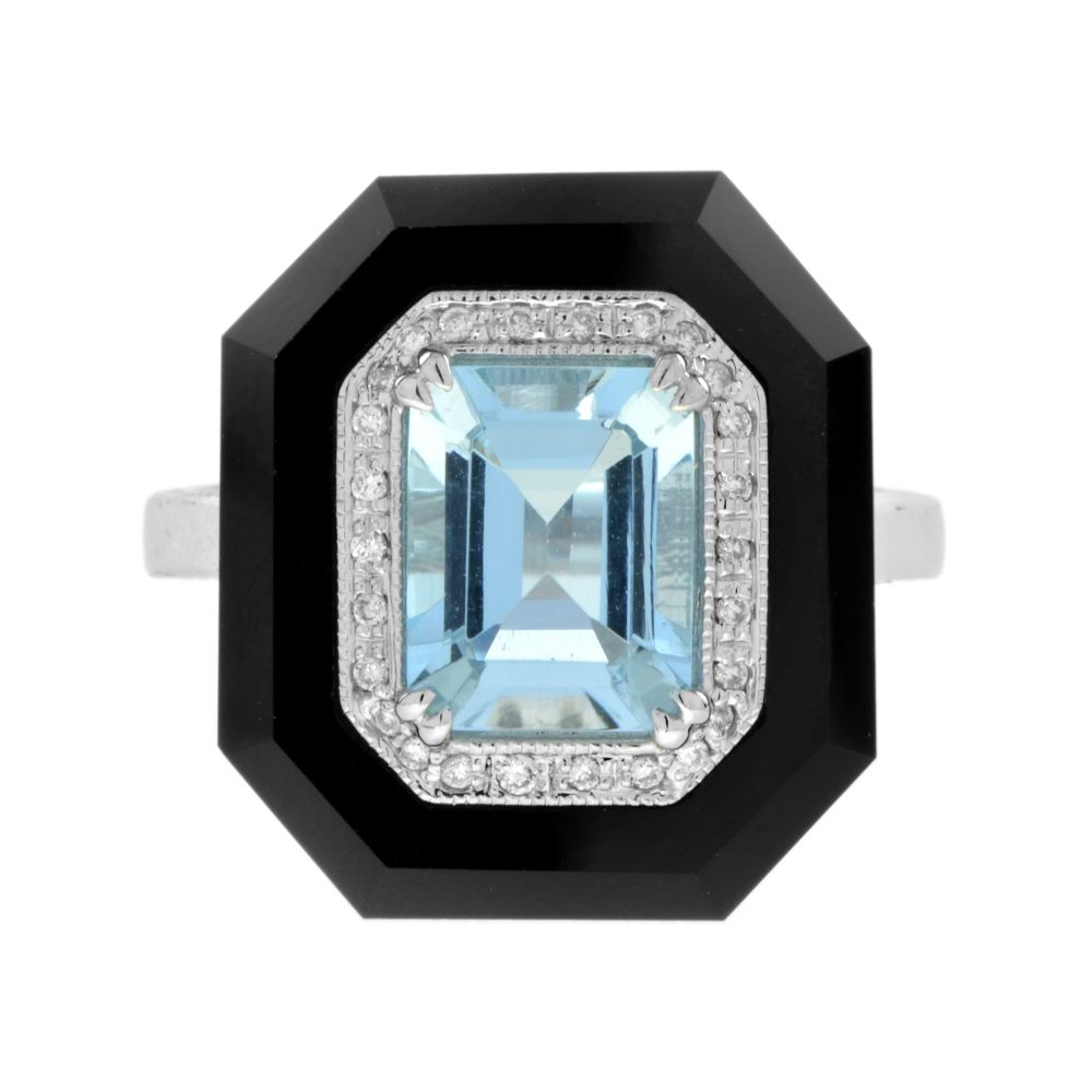 Aquamarine Onyx Diamond Art Deco Style Cocktail Ring