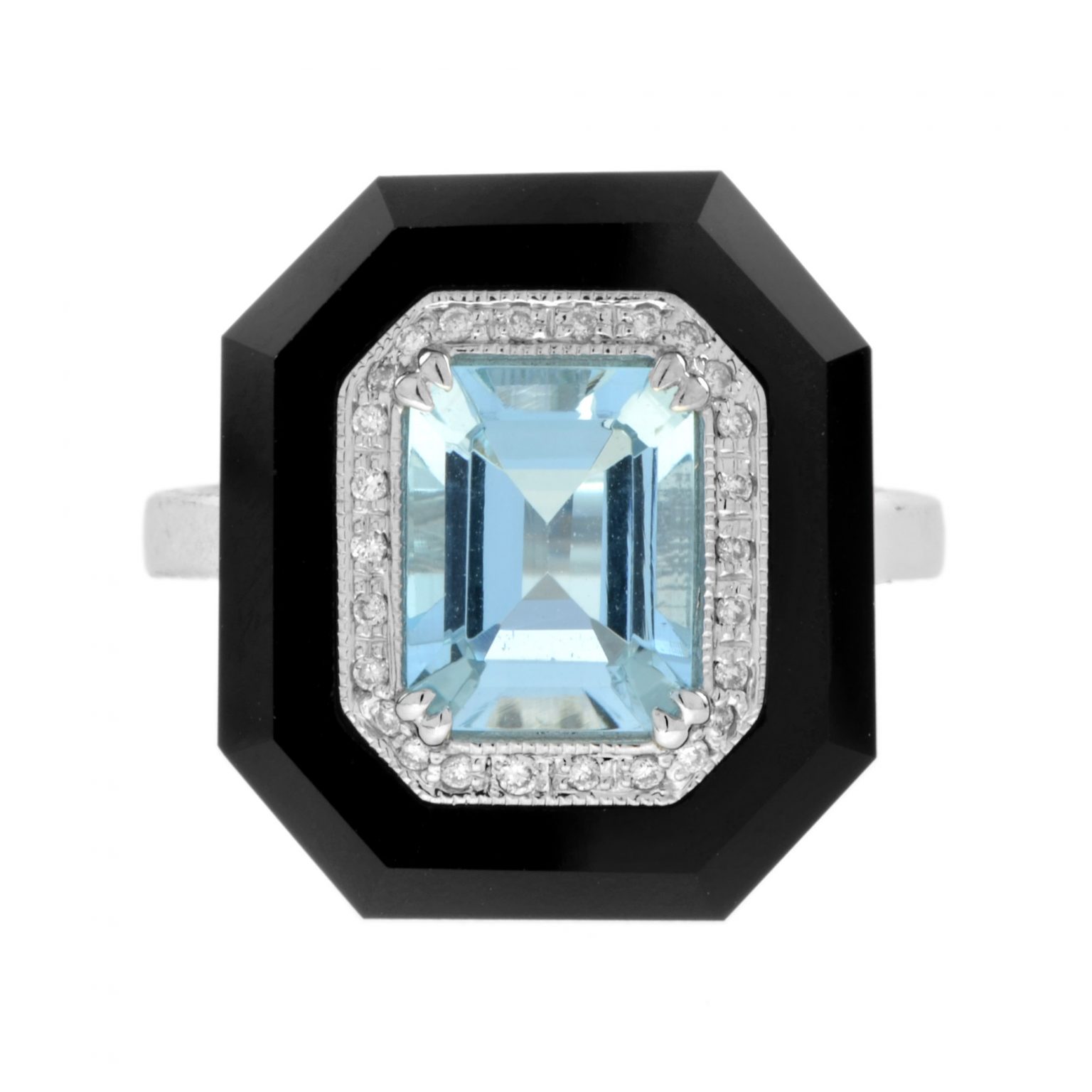 Aquamarine Onyx Diamond Art Deco Style Cocktail Ring