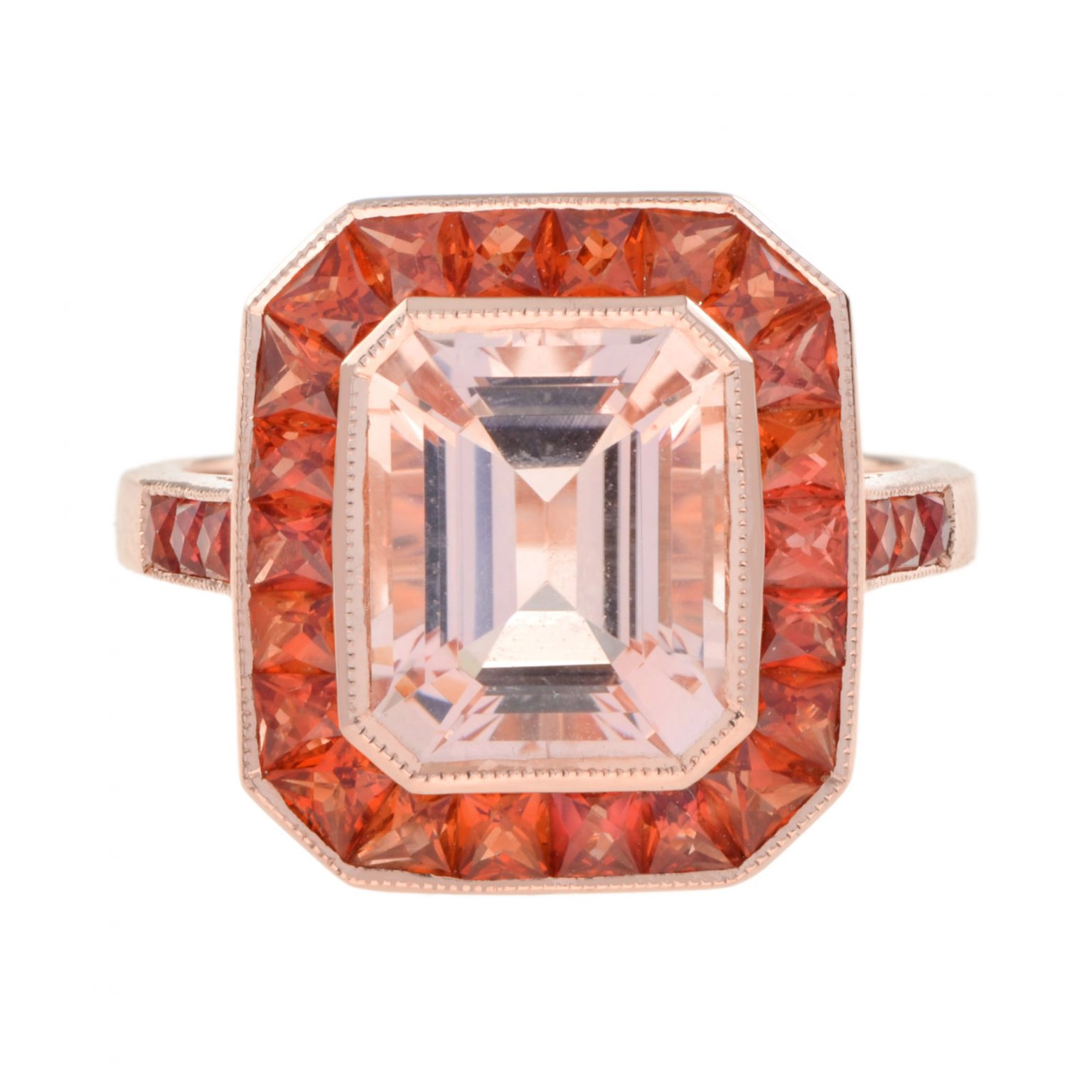 Emerald Cut Morganite and Orange Sapphire Art Deco Style Ring