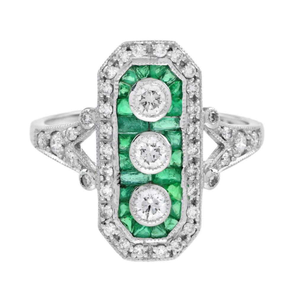 Art Deco Style Diamond and Emerald Three Stone Ring