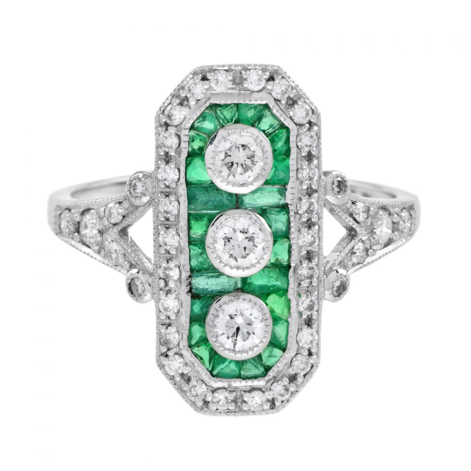 Art Deco Style Diamond and Emerald Three Stone Ring