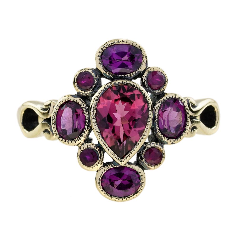 Vintage Style Pink Tourmaline with Ruby and Rhodolite Cluster Ring