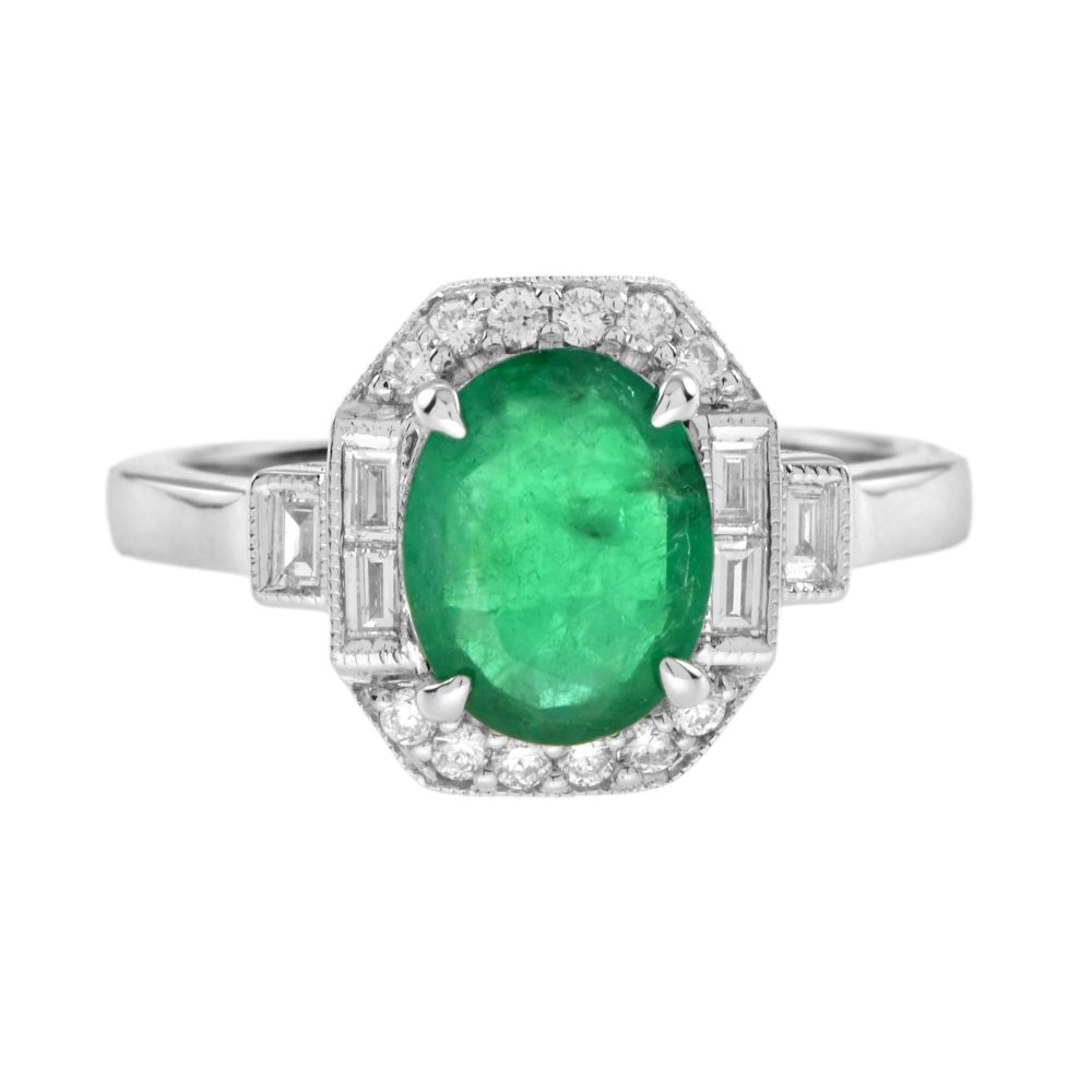 Art Deco Style Emerald and Diamond Halo Engagement Ring