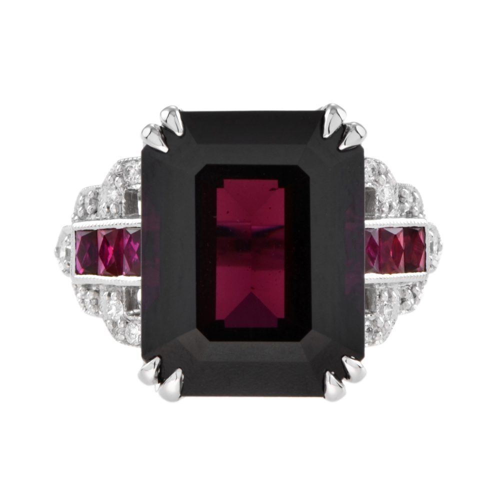 Extraordinary Art Deco Style 16.9 Ct. Rhodolite with Ruby and Diamond Ring