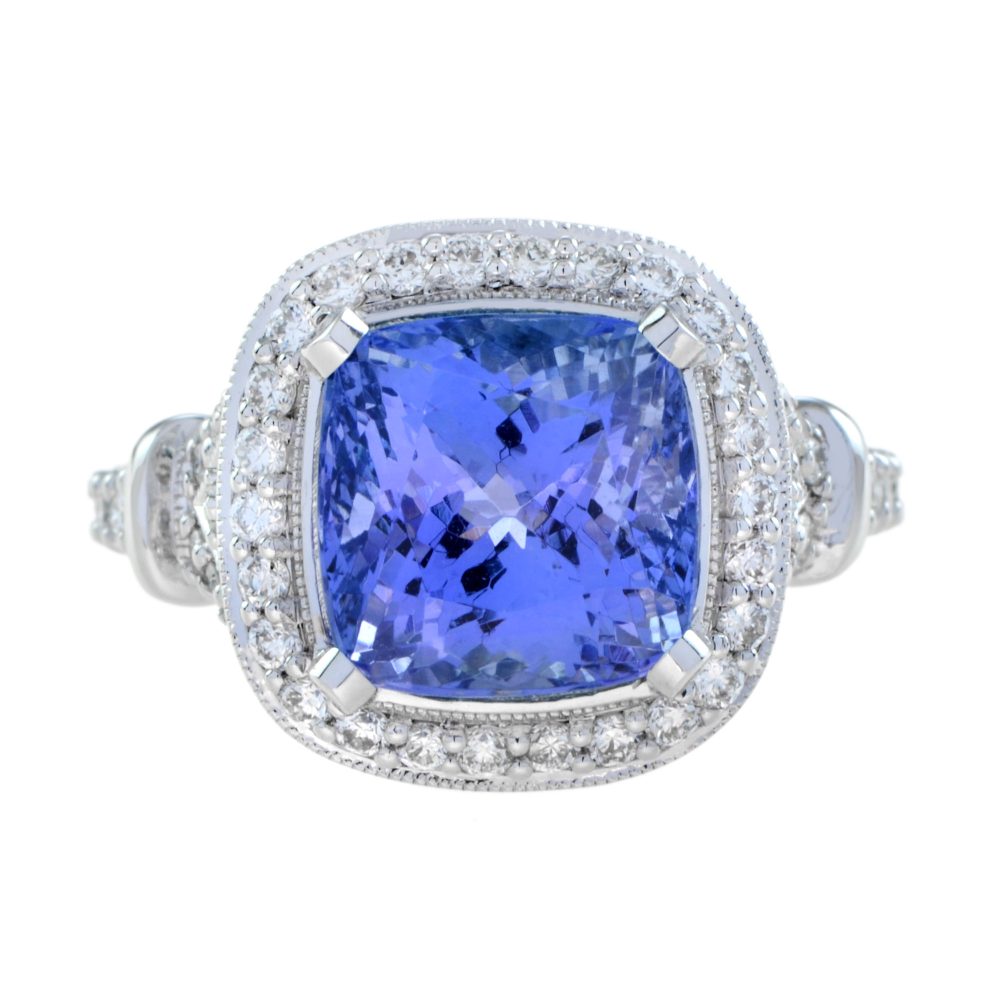 6.68 Ct. Certified Cushion Tanzanite and Diamond Engagement Ring