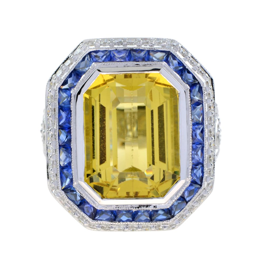 Extraordinary 14 Ct. Golden Beryl with Ceylon Sapphire and Diamond Accent Ring
