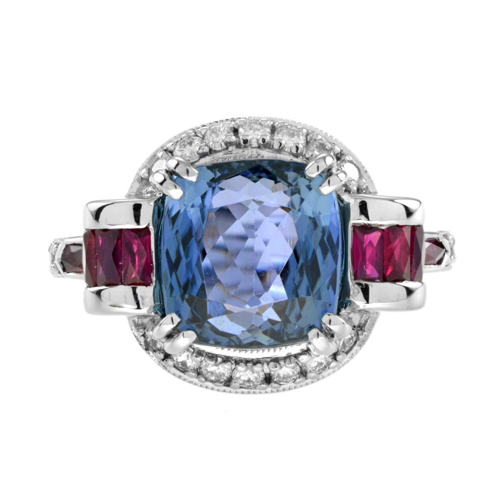 Cushion Certified Tanzanite with Diamond and Ruby Ring