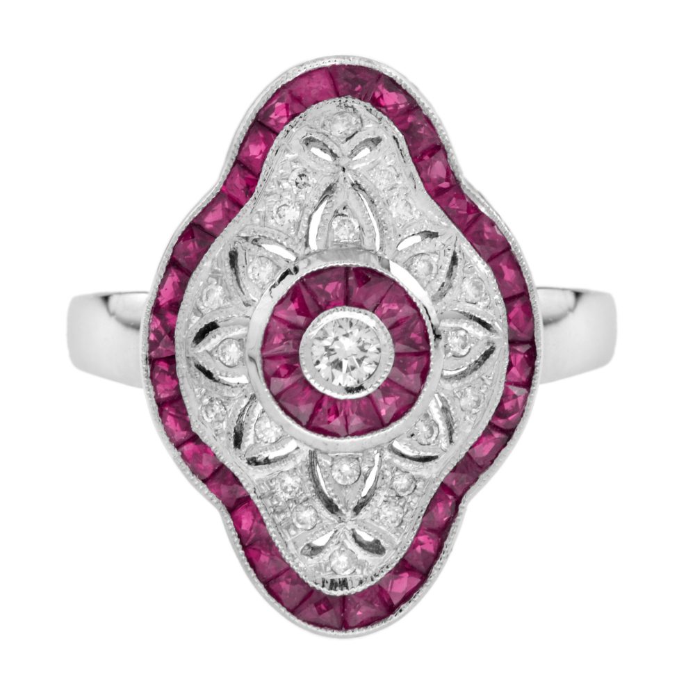 Art Deco Style Round Diamond and Ruby Ring