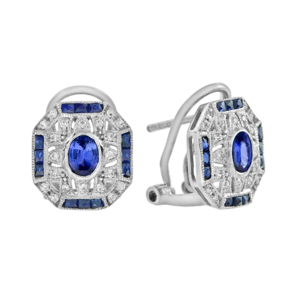 Ceylon Sapphire and Diamond Art Deco Style Omega Stud Earrings