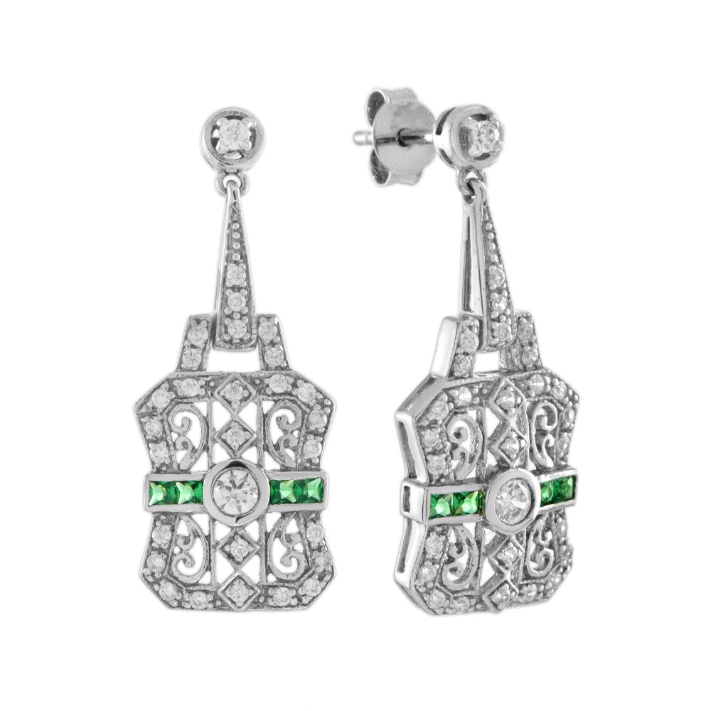 Diamond and Emerald Art Deco Style Filigree Drop Earrings