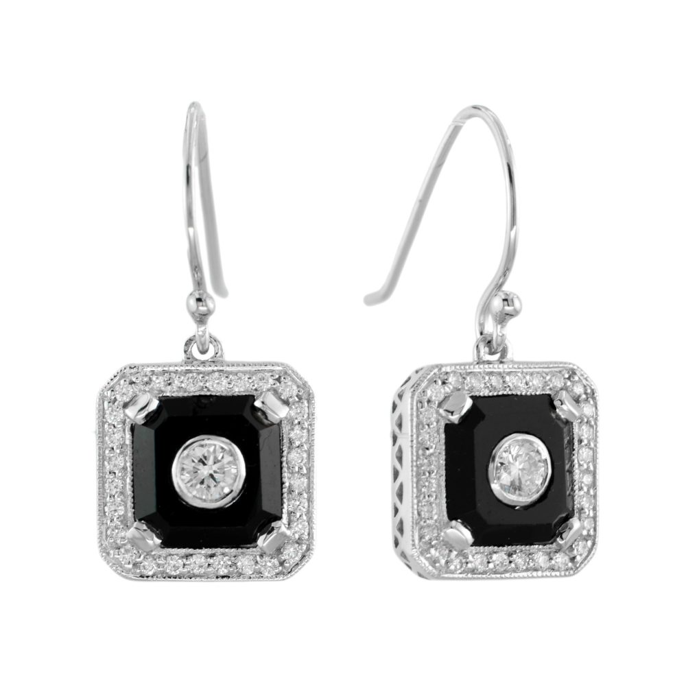 Diamond Onyx Art Deco Style Drop Earrings