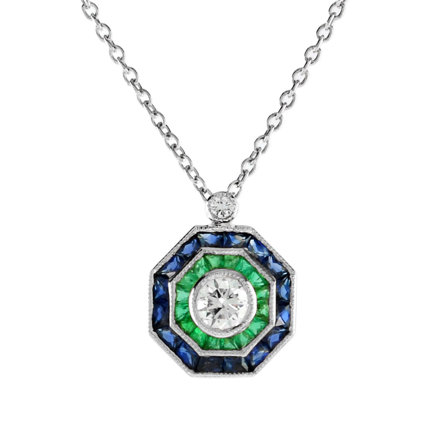 Diamond Emerald and Sapphire Art Deco Style Pendant Necklace