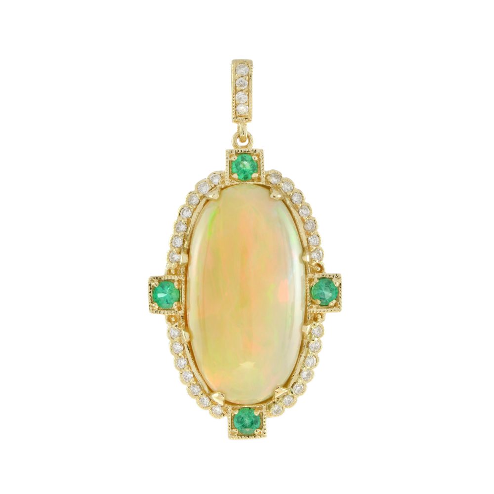 7.94 Ct. Ethiopian Opal with Diamond and Emerald Pendant