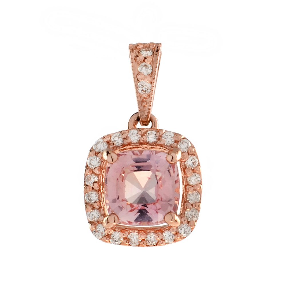 Cushion Shaped Morganite and Diamond Halo Pendant