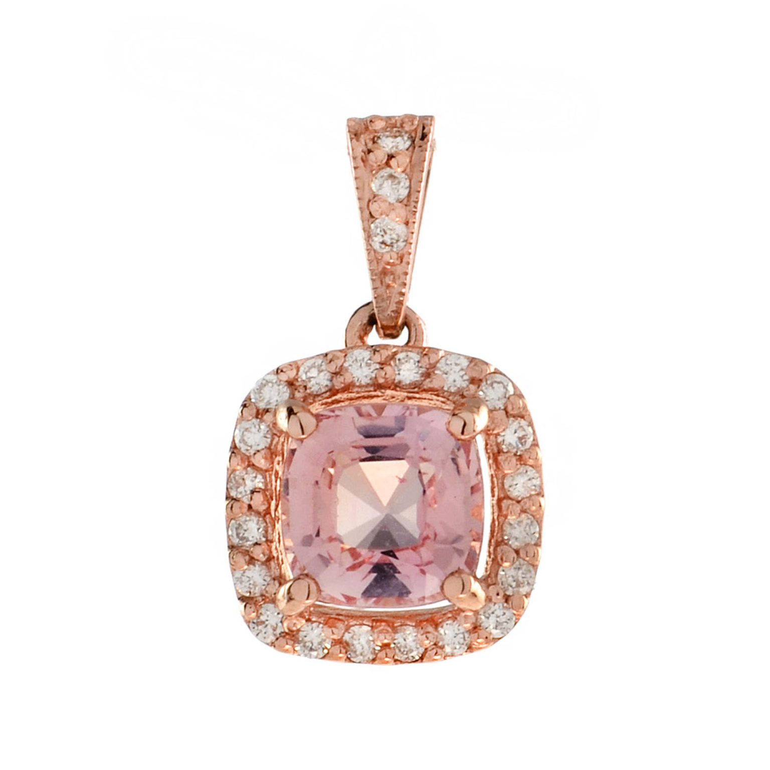 Cushion Shaped Morganite and Diamond Halo Pendant