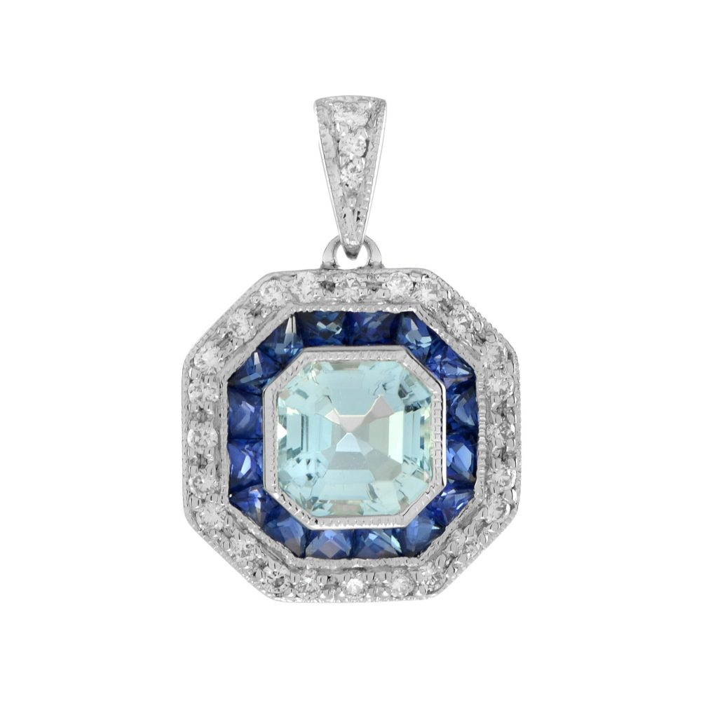 Art Deco Style Aquamarine with Sapphire and Diamond Octagon Halo Pendant