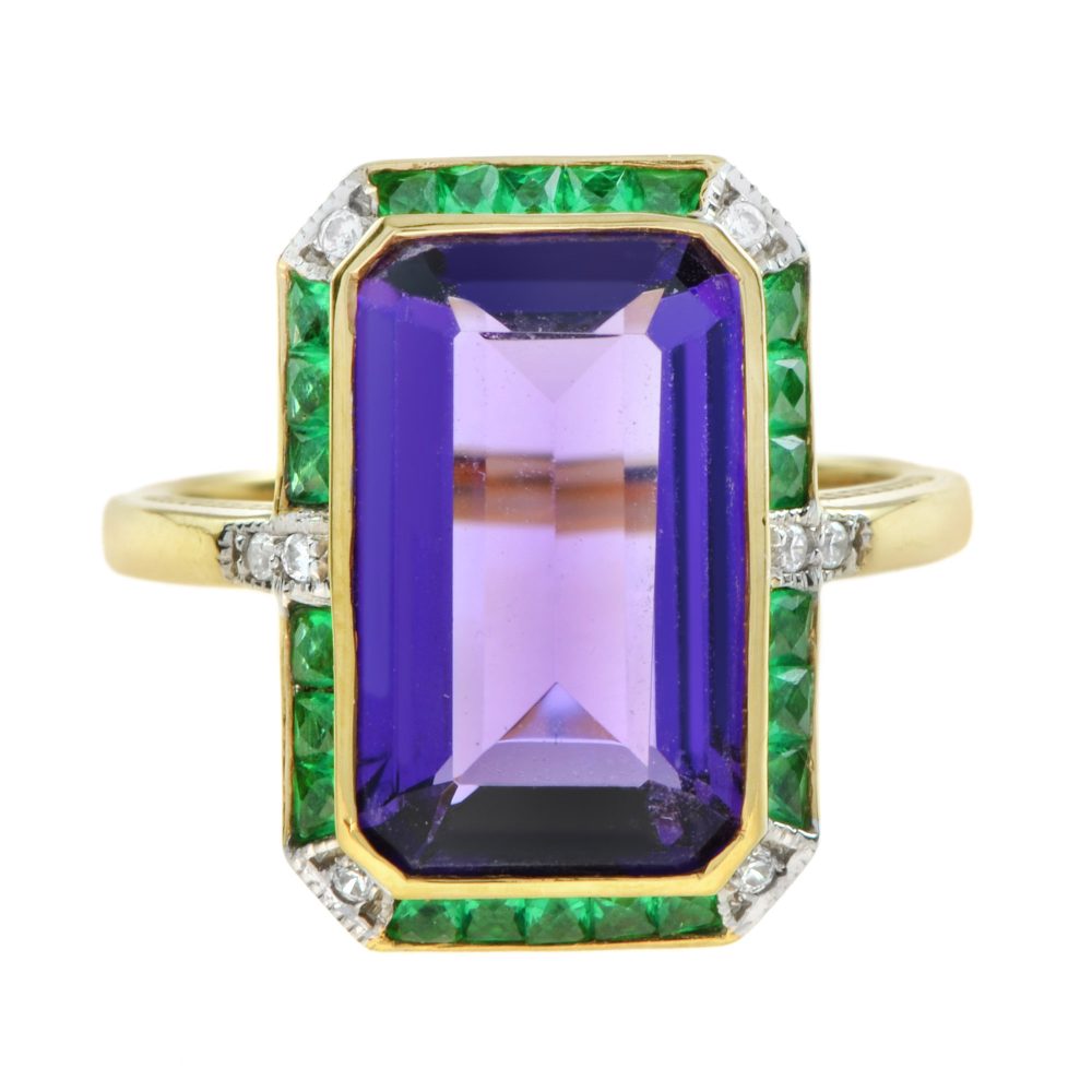Emerald Cut Amethyst with Emerald and Diamond Art Deco Style Cocktail Ring
