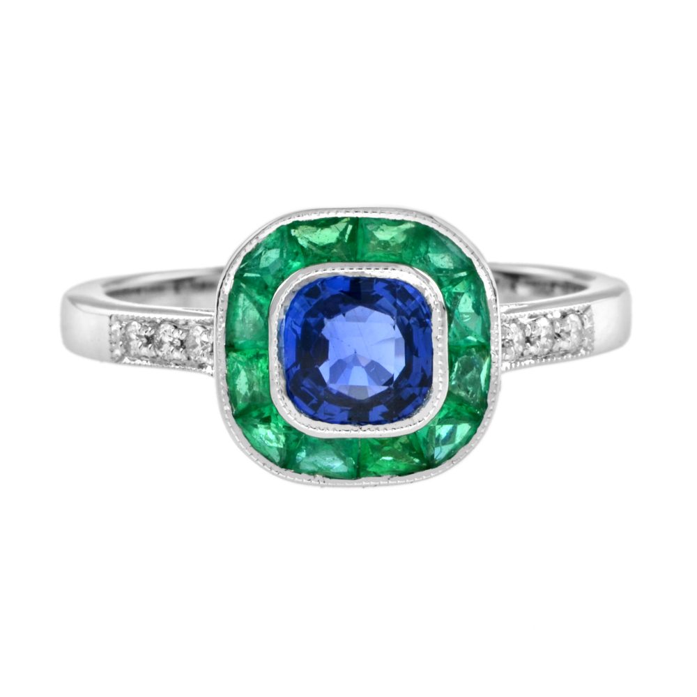Ceylon Sapphire with Emerald and Diamond Art Deco Style Halo Ring