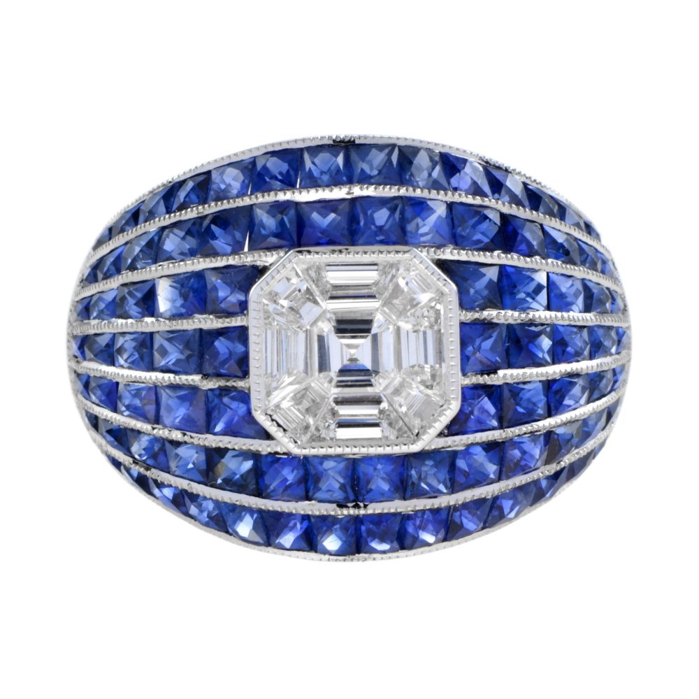 Illusion Set Asscher Cut Diamond and Blue Sapphire Bombay Ring