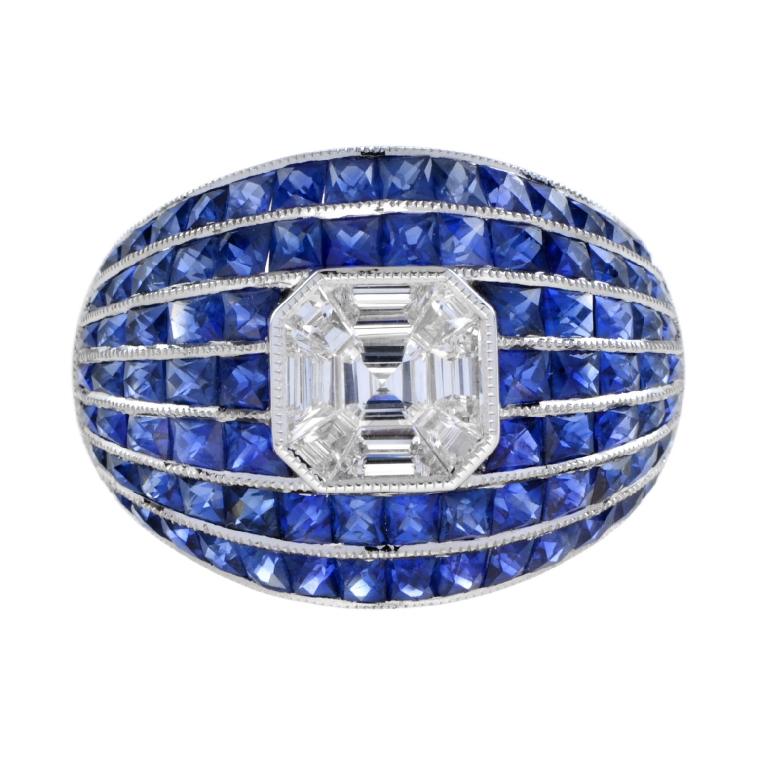 Illusion Set Asscher Cut Diamond and Blue Sapphire Bombay Ring
