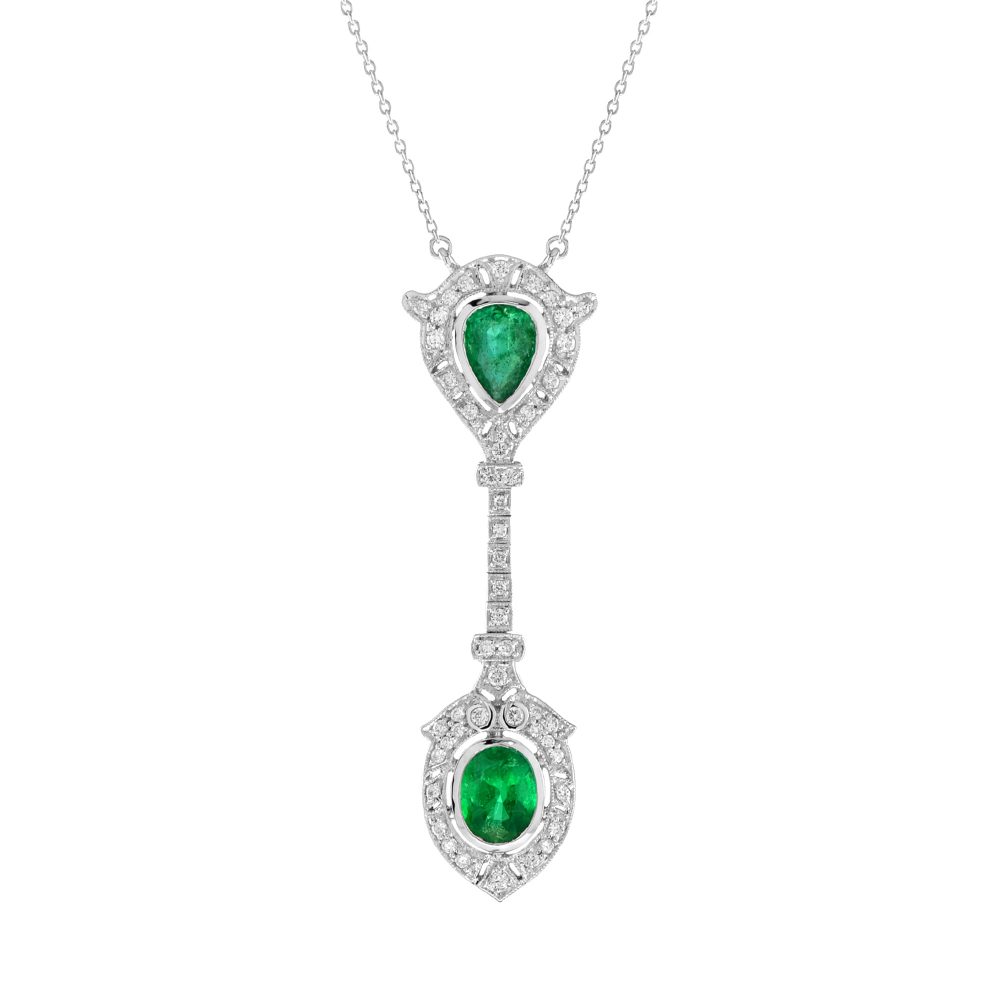 Art Deco Style Pear and Oval Emerald with Diamond Pendant Necklace