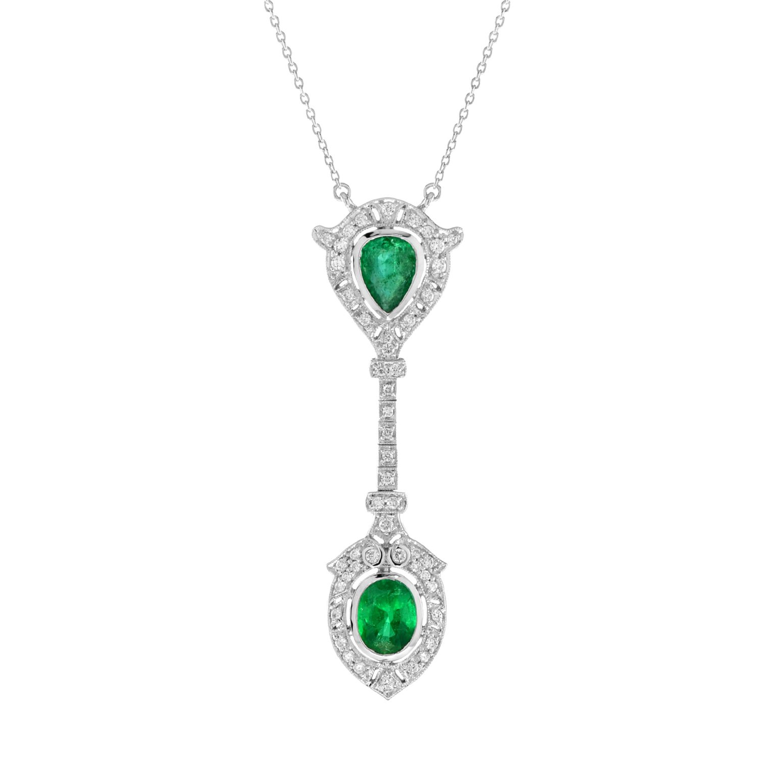 Art Deco Style Pear and Oval Emerald with Diamond Pendant Necklace