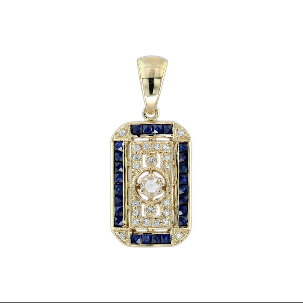 Rose Cut Diamond and Blue Sapphire Antique Style Filigree Pendant