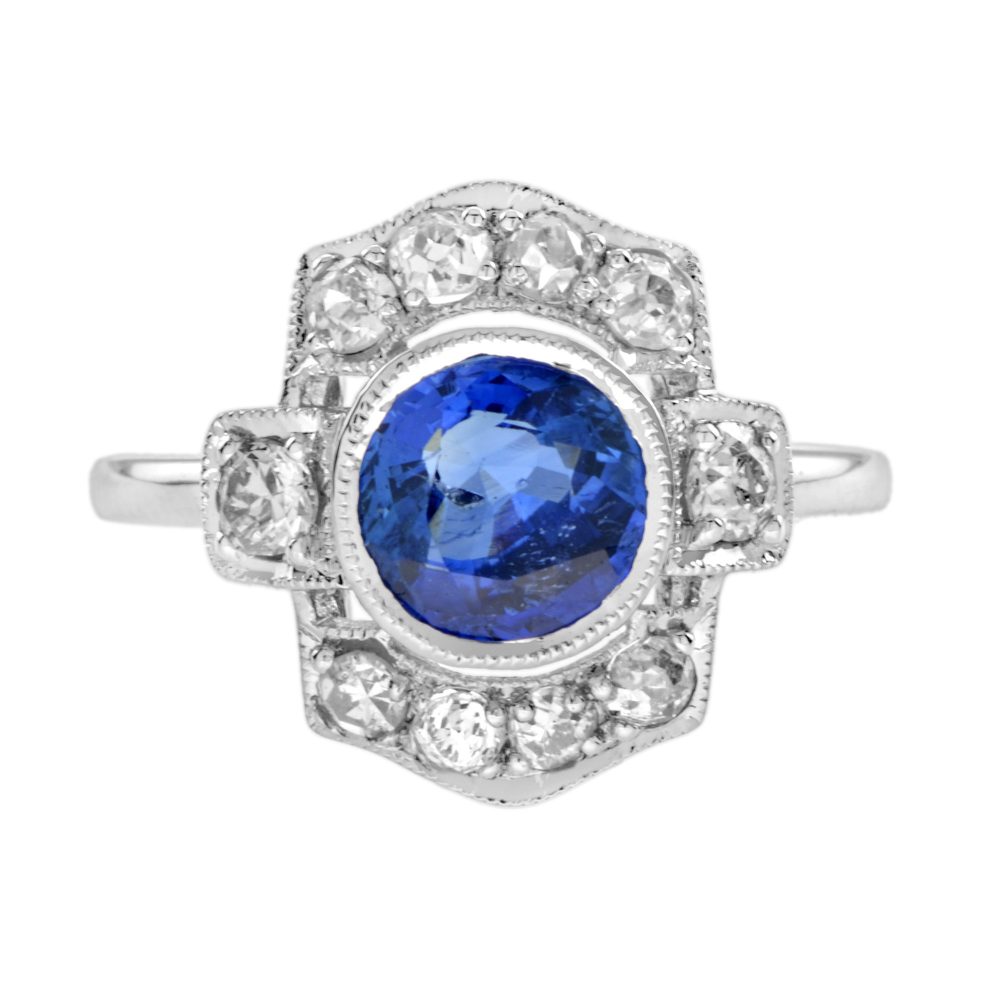 Ceylon Sapphire and Diamond Art Deco Style Halo Ring