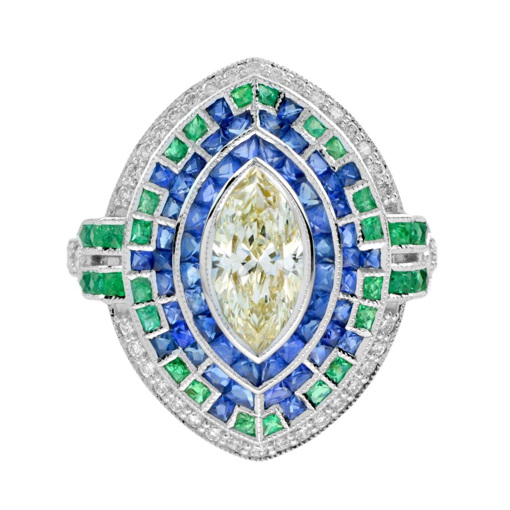 Certified Marquise Diamond with Emerald and Sapphire Art Deco Style Halo Ring