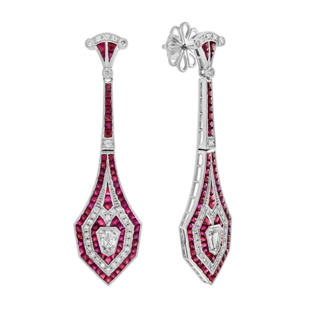 Bullet Shape Diamond and Ruby Art Deco Style Drop Earrings