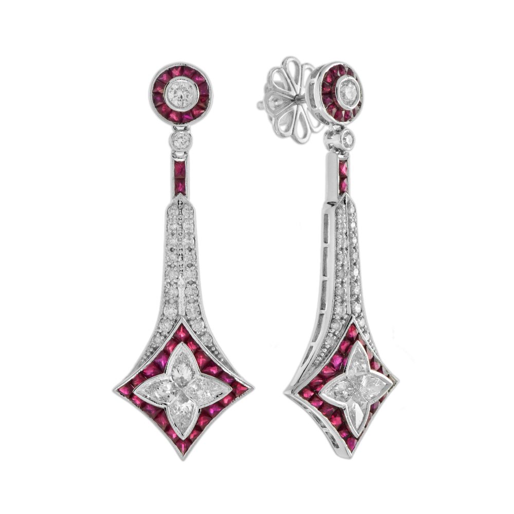 Illusion Lily Cut Diamond and Ruby Vintage Style Drop Earrings