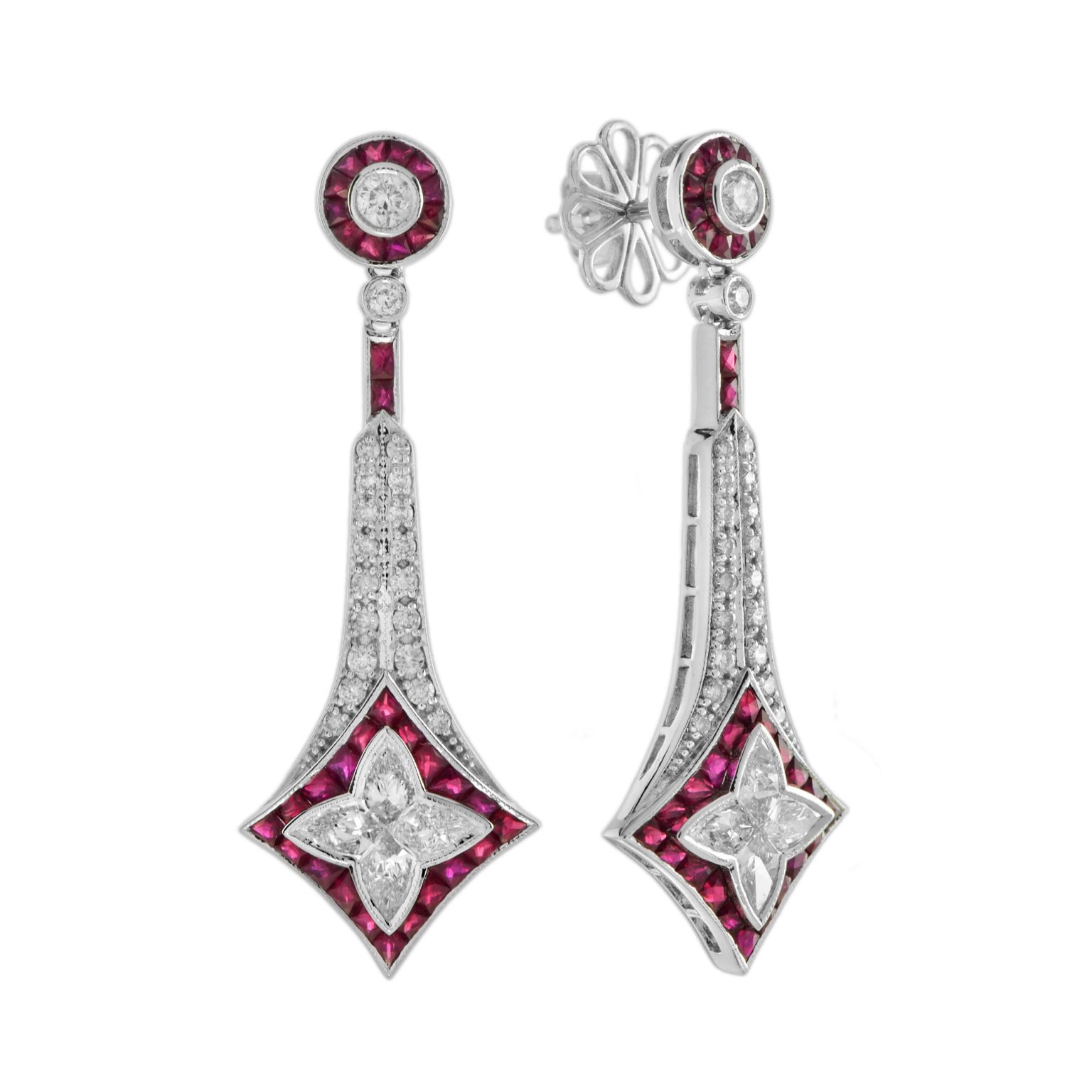 Illusion Lily Cut Diamond and Ruby Vintage Style Drop Earrings