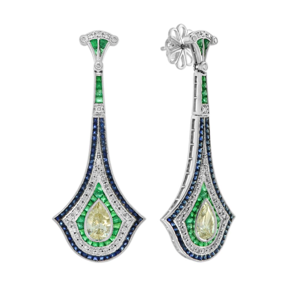 GIA Pear Shape Diamond Emerald Sapphire Art Deco Style Earrings