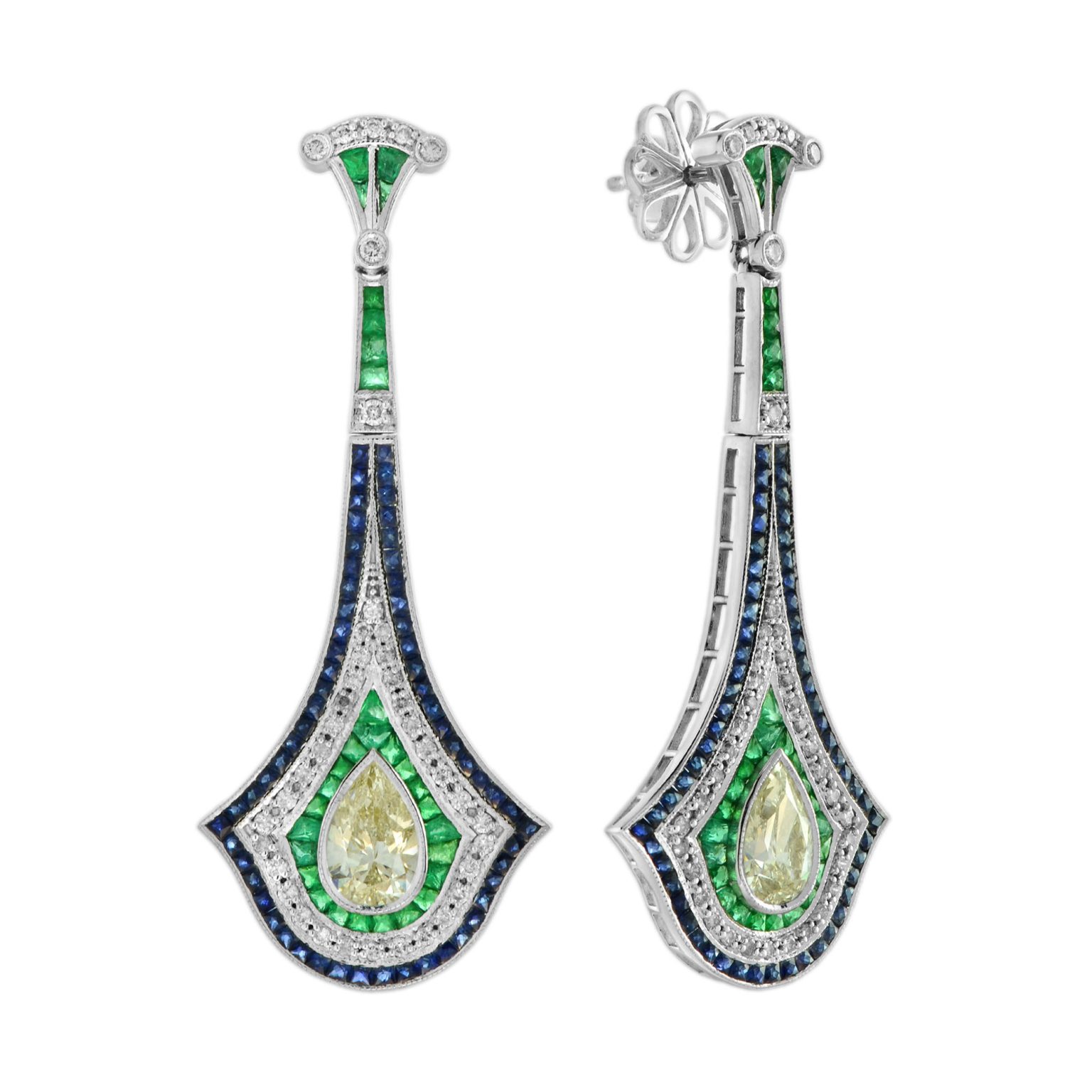 GIA Pear Shape Diamond Emerald Sapphire Art Deco Style Earrings
