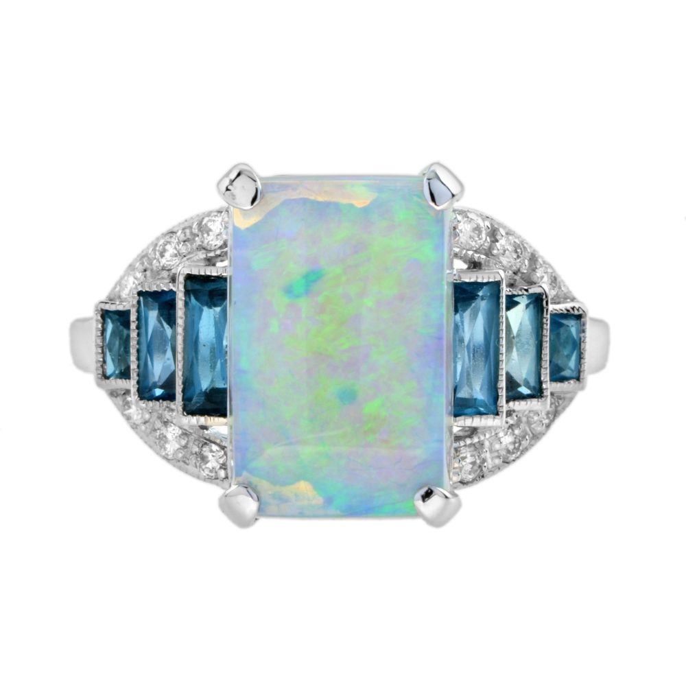 Opal with London Blue Topaz and Diamond Art Deco Style Ring