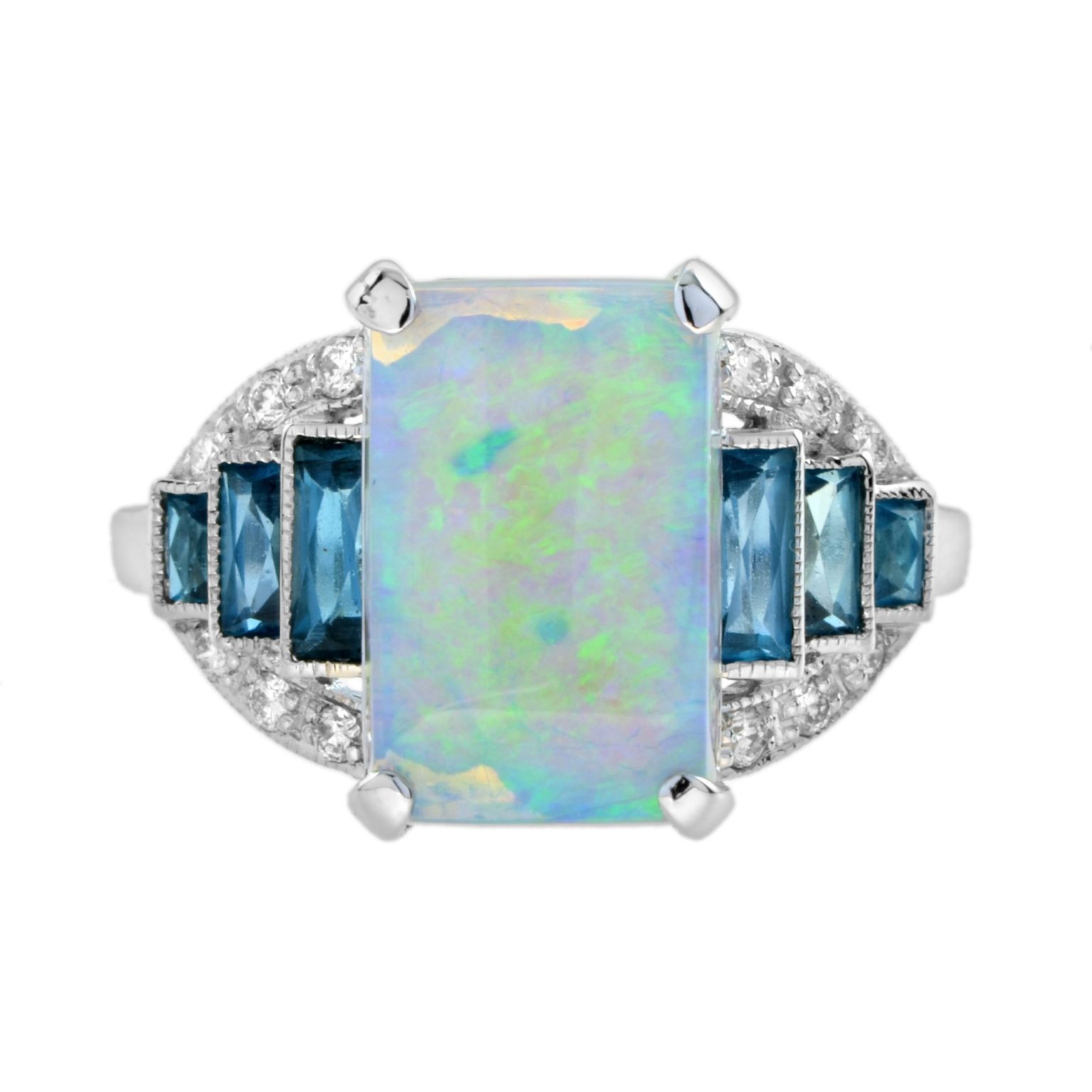 Opal with London Blue Topaz and Diamond Art Deco Style Ring