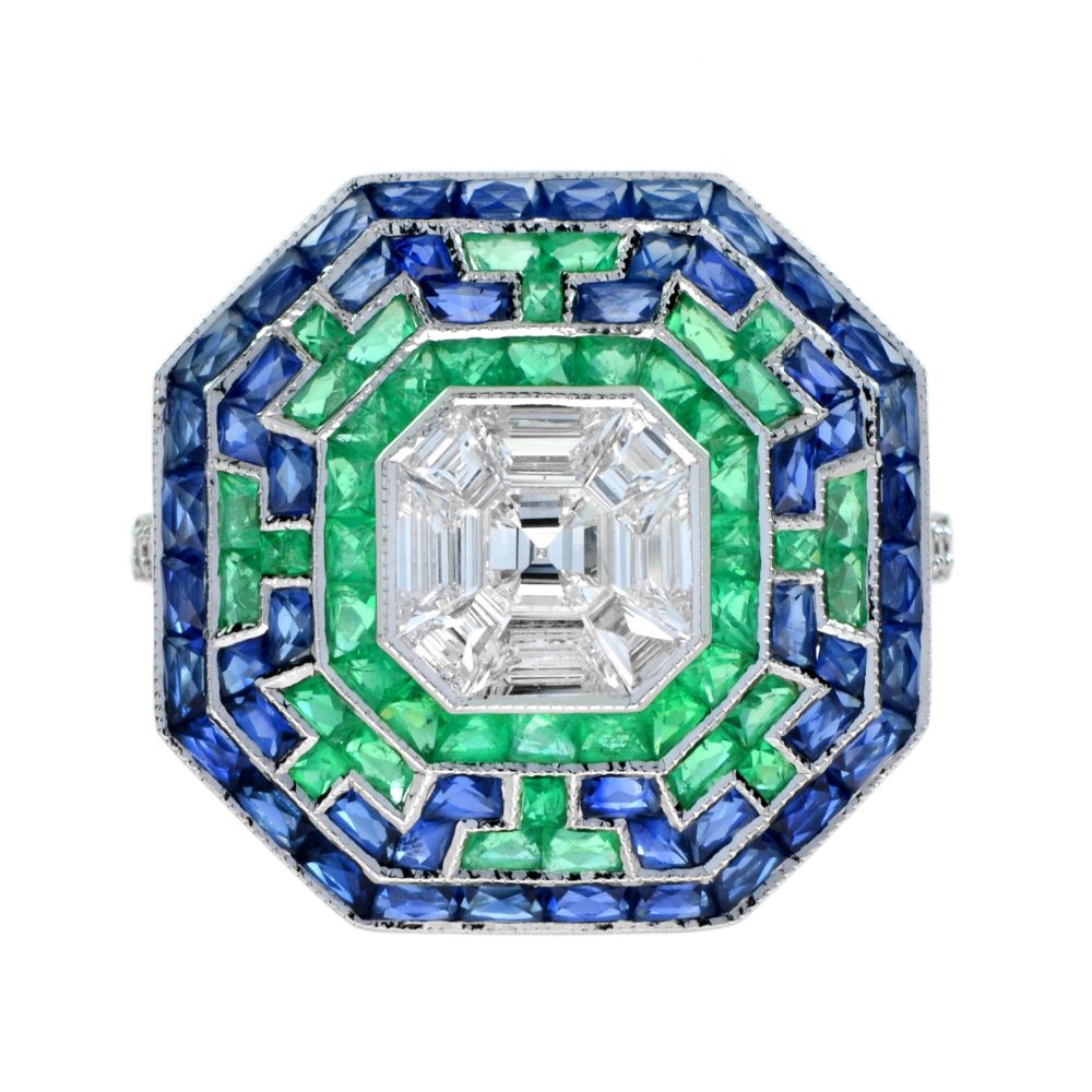 Illusion Asscher Cut Diamond with Emerald Sapphire Octagonal Shape Halo Ring
