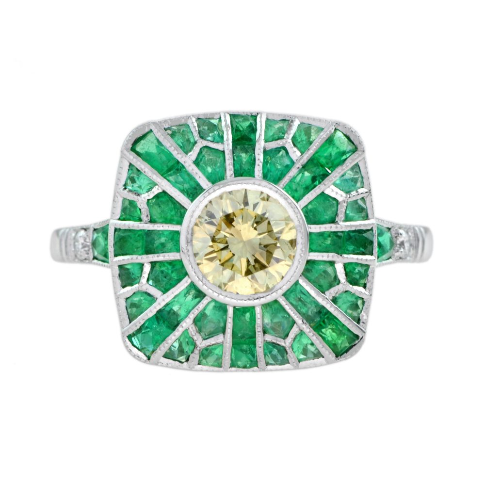 Certified Yellow Diamond and Emerald Halo Cushion Shaped Ring
