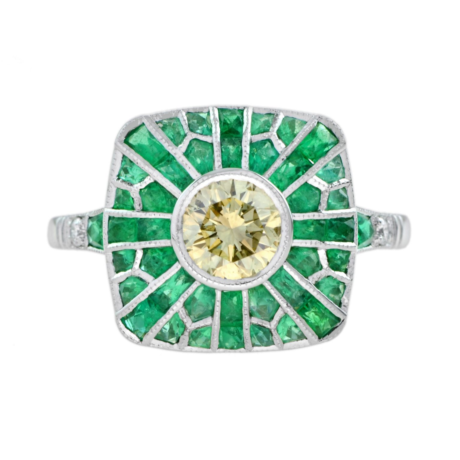 Certified Yellow Diamond and Emerald Halo Cushion Shaped Ring