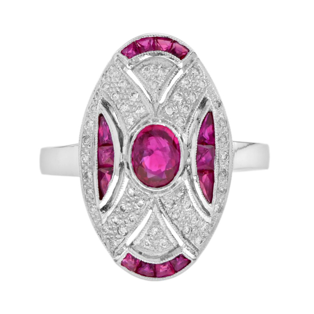 Ruby and Diamond Art Deco Style Oval Shaped Ring