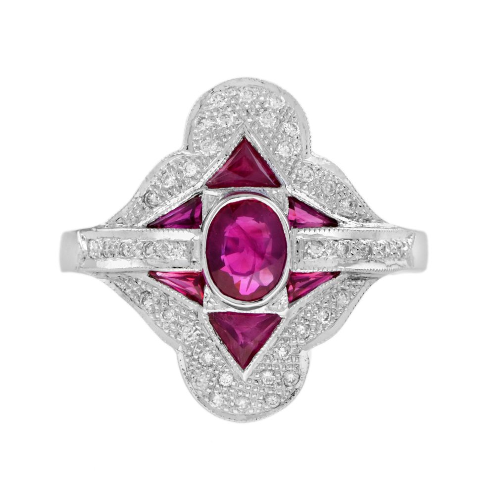 Oval Ruby and Diamond Art Deco Style Halo Ring