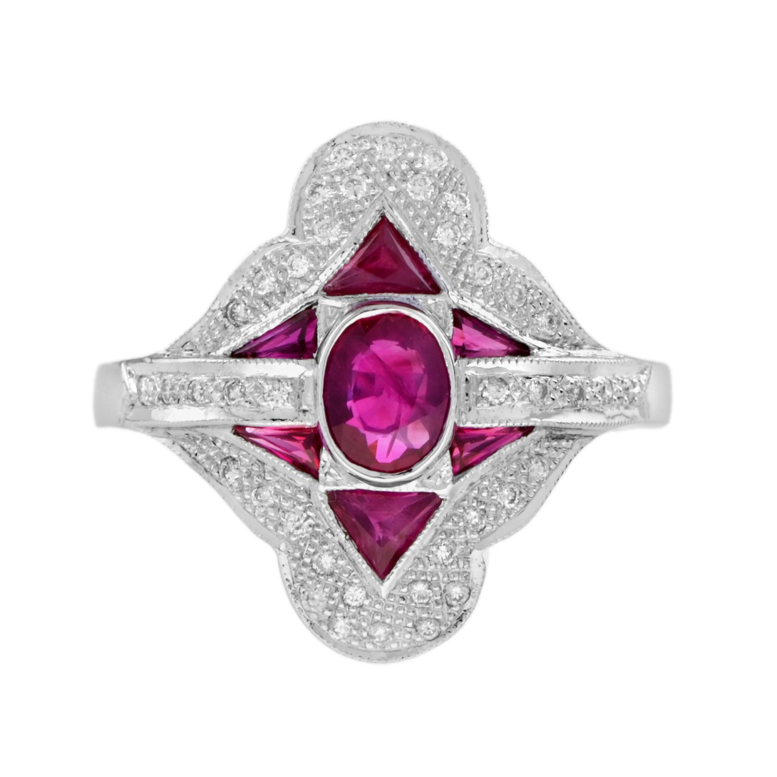 Oval Ruby and Diamond Art Deco Style Halo Ring