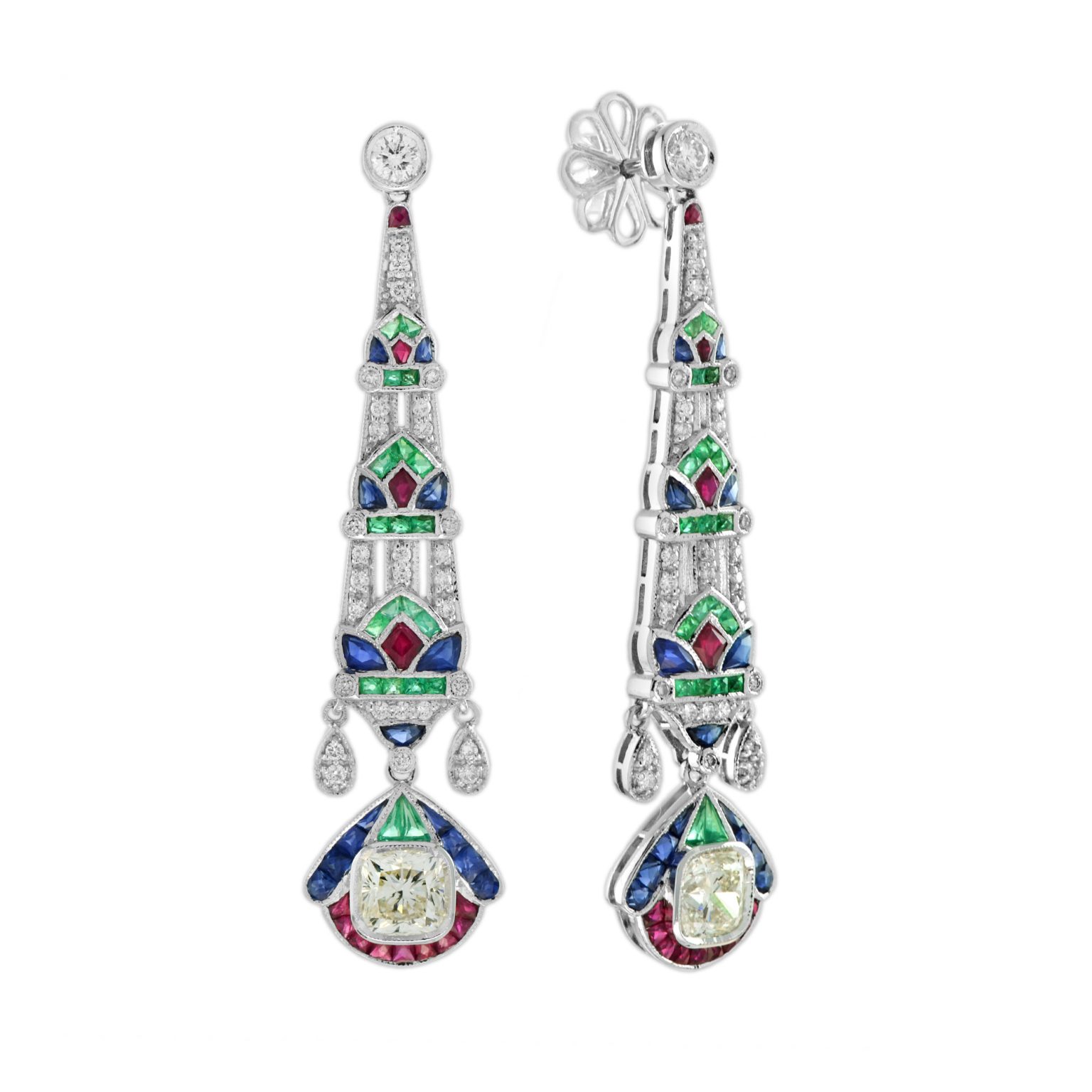 GIA 2.03 Ct. Diamond Emerald Ruby and Sapphire Dangle Earrings