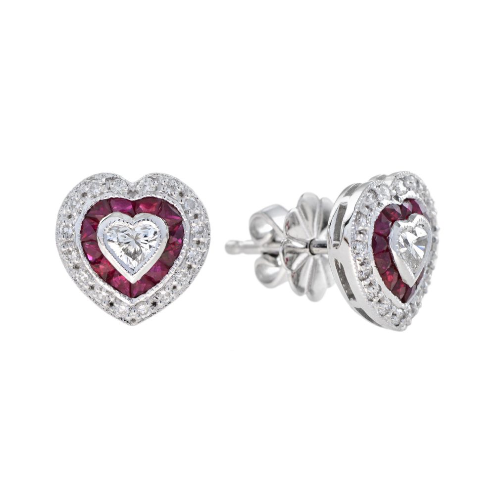 Heart Shaped Diamond and Ruby Art Deco Style Stud Earrings