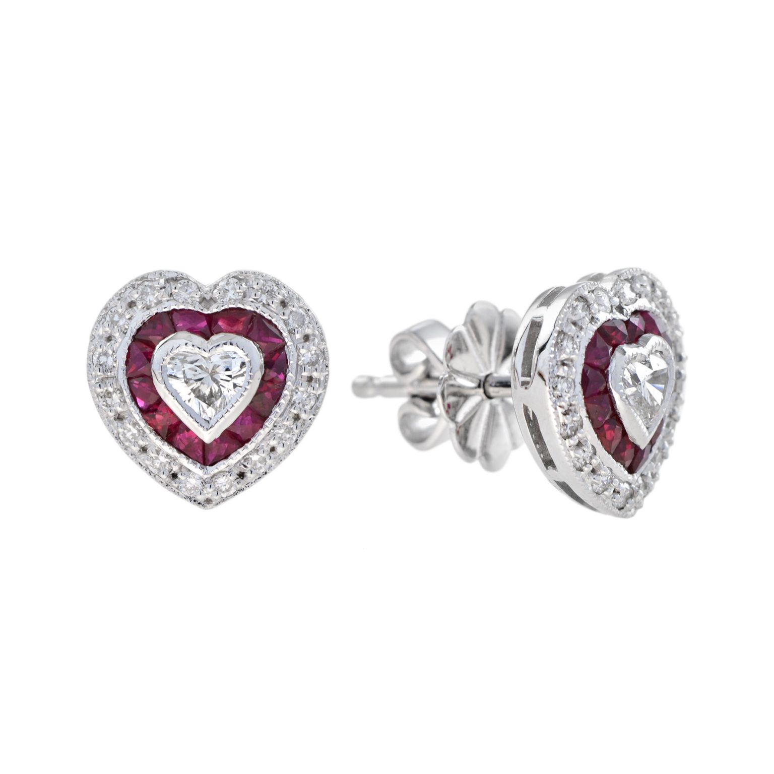 Heart Shaped Diamond and Ruby Art Deco Style Stud Earrings