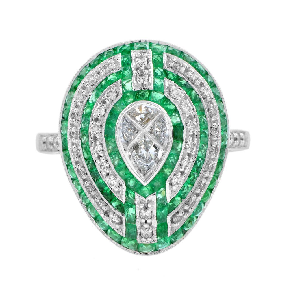 Pear Diamond and Emerald Art Deco Style Engagement Ring